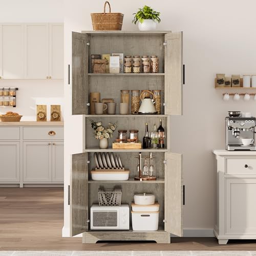 GarveeHome Tall Storage Cabinet, 70 in Kitchen Pantry Cabinet with Doors and Adjustable Shelves, Rustic Wooden Cupboard for Dining Room, Living Room,Gray