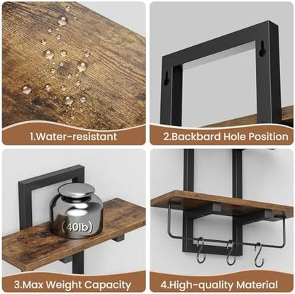 Floating Shelves for Wall Set of 2, Wood Wall Shelf with 6 Hooks, 2 Tier Hanging Decorative Storage Shelves for Living Room Bedroom Bathroom Kitchen Office Coffee Bar, Rustic Brown