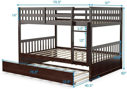 NAFORT Twin Over Twin Bunk Bed with Trundle, Solid Wood Bed Frame with Ladder & Safety Guardrails, Space Saving Bunk Bed for Kids Teens Adults Guest Room, Convertible Design, Espresso