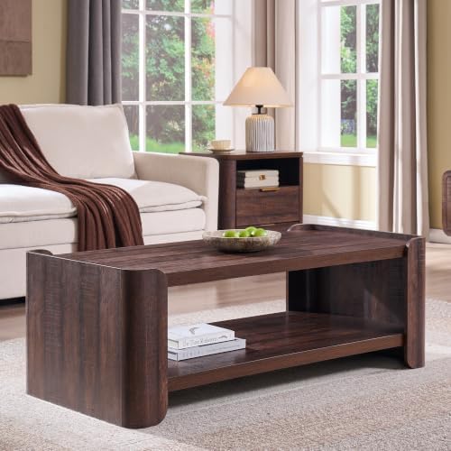 48" Modern Coffee Table for Living Room with 2-Tier Storage Shelf, Brown