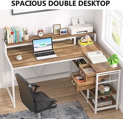 Tribesigns L Shaped Desk with Drawers and Monitor Stand, L Corner Desk with Storage Shelves, Beige Wooden PC Table for Samll Home Office