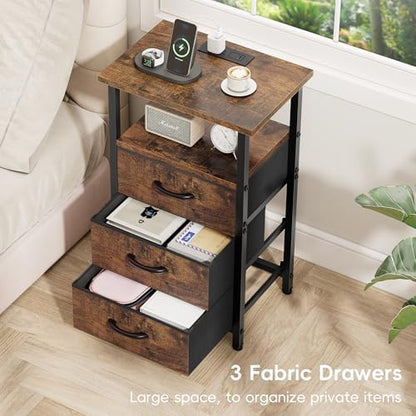 Nightstand with Charging Station, Bedside Table with USB Ports and Outlet, End Table Side Table with 3 Fabric Drawers and Storage Shelf, Bed Side Table Night Stand for Bedroom, Rustic Brown