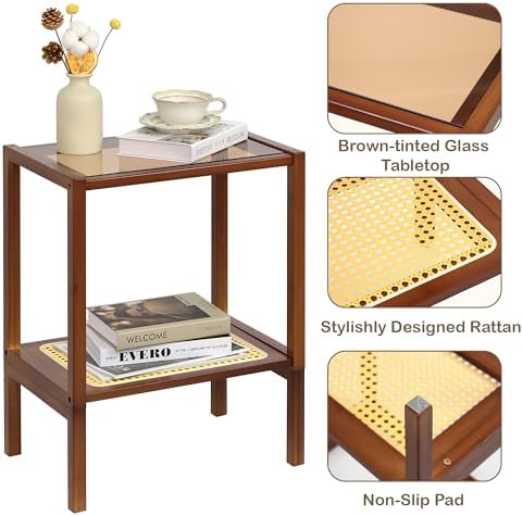 2-Tier Bamboo Side Table, Modern Glasstop Rattan Side Table, Mid Century Wood Sofa-Side End Tables for Living Room, Bedroom Night Stand with Storage, Small Narrow Coffee Tables, Walnut