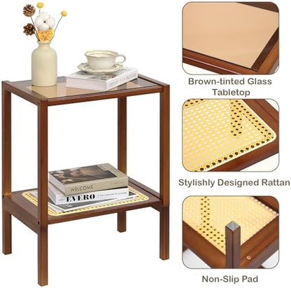 2-Tier Bamboo Side Table, Modern Glasstop Rattan Side Table, Mid Century Wood Sofa-Side End Tables for Living Room, Bedroom Night Stand with Storage, Small Narrow Coffee Tables, Walnut