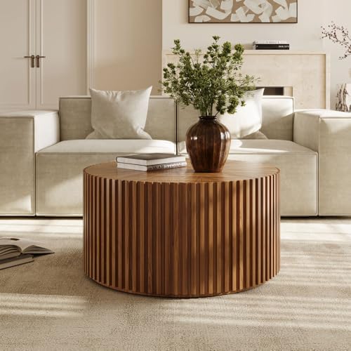 POVISON Coffee Table Set of 2, Round Wood Fluted Coffee Table Modern Side Table End Table for Living Room, Light Walnut, Fully Assembled