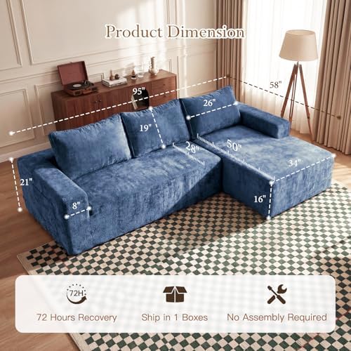 Vesgantti 95" Boneless Couch, L-Shape Sectional with Right Chaise, Blue
