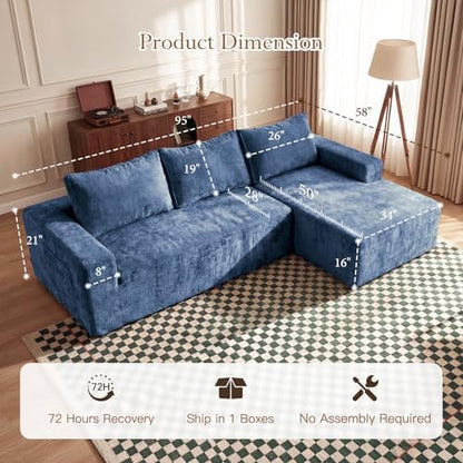 Vesgantti 95" Boneless Couch, L-Shape Sectional with Right Chaise, Blue