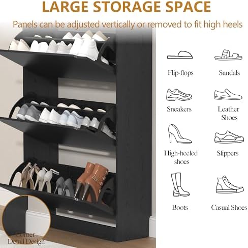 Wodeer Narrow Shoe Cabinet for Entryway, Slim Shoe Storage Cabinet with 3 Flip Drawers, Hidden Wood Shoe Cabinet Storage, Freestanding Shoe Rack Organizer Foyer, Hallway, Black