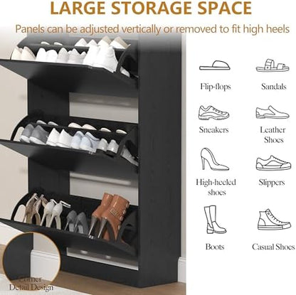 Wodeer Narrow Shoe Cabinet for Entryway, Slim Shoe Storage Cabinet with 3 Flip Drawers, Hidden Wood Shoe Cabinet Storage, Freestanding Shoe Rack Organizer Foyer, Hallway, Black