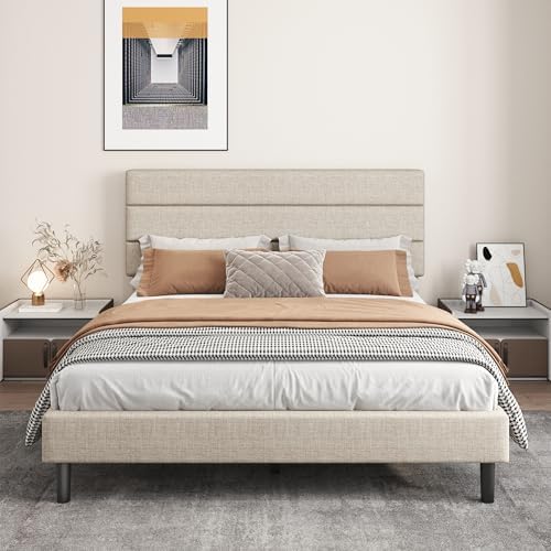 A modern upholstered bed frame in a styled bedroom setting. The bed features a tall, padded beige fabric headboard and matching footboard, styled with white bedding, tan pillows, and a patterned throw blanket.