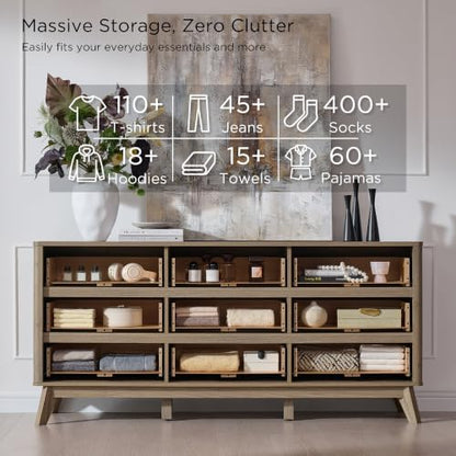 T4TREAM 63" Wide Fluted 9 Drawer Dresser for Bedroom, Grey Alder