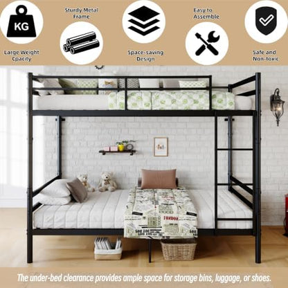 Metal Bunk Bed Twin Over Twin, Heavy Duty Twin Bunk Bed with Ladder & Safety Guardrails for Kids/Teens/Adults, Convertible into 2 Individual Beds, Under-Bed Storage Space, Black