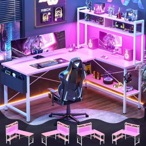 Besiost 59" Small L Shaped Desk Gaming Desk with Power Outlets & Led Light
