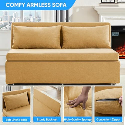 PUREMIND 64" W Queen Sleeper Sofa Bed, 2‑in‑1 Convertible Chair Bed with 3.9‑inch Foldable Pullout Couch for Small Apartments, Dorms and Lofts, Mattress & Pillows Included, No‑Tool Assembly, Yellow