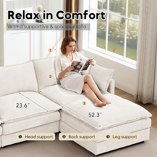 ZEIINPA L Shaped Modular Sectional Sofa, 102" Comfy Upholstery Chenille Deep Seat Cloud Couch with Ottoman, Modern 4-Seat Couches for Living Room, Bedroom, Apartment, Beige White