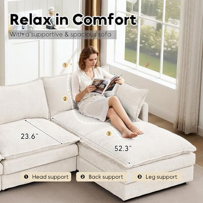ZEIINPA L Shaped Modular Sectional Sofa, 102" Comfy Upholstery Chenille Deep Seat Cloud Couch with Ottoman, Modern 4-Seat Couches for Living Room, Bedroom, Apartment, Beige White