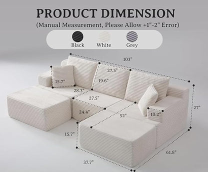 103" Boneless Modular Sectional Sofa Cloud Couch with Ottomans and Pillows, Convertible L/U Shaped Corner Sofa, Full Foam Deep Seat Compressed Couch for Living Room, Apartment