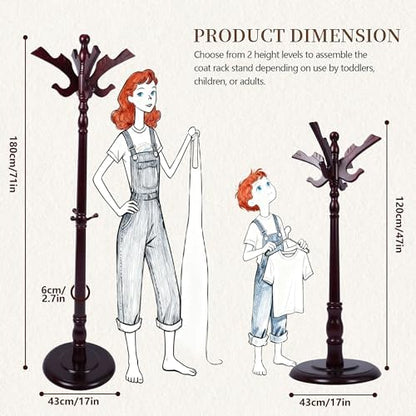 Wooden Coat Rack Free standing, Vintage Coat Rack Stand for Entryway, Adjustable Height 73", Heavy Duty Coat Tree with Solid Round Base for Home Bedroom, Office (Hummingbird)