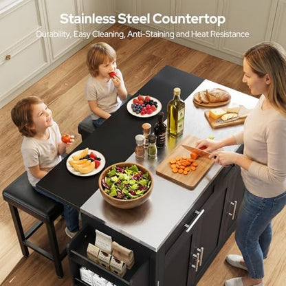 56'' Rolling Kitchen Island with Seating and Stainless Steel Countertop, Folding Drop Leaf, Bar Stool, Power Outlet, Spice/Towel Rack, Black