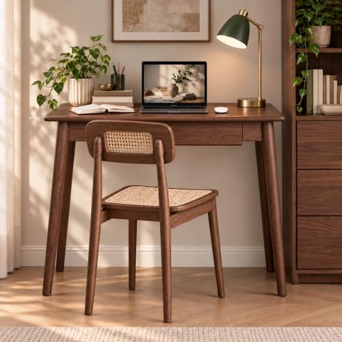 100% Solid Wood Home Office Desk, Oak Wood Writing Desk, Modern Computer Desk with Drawer for Sturdy Home Office Writing 39.37" W Walnut Color