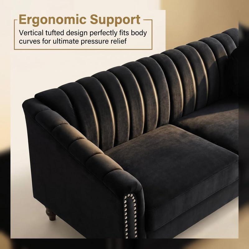 Velvet 3-Seater Sofa with Tufted Back & Nailhead Trim, Modern Vintage Couch with 2 Round Pillows, Luxury Comfy Upholstered Sofa for Living Room, Apartment, Office (Black)