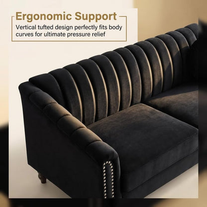 Velvet 3-Seater Sofa with Tufted Back & Nailhead Trim, Modern Vintage Couch with 2 Round Pillows, Luxury Comfy Upholstered Sofa for Living Room, Apartment, Office (Black)