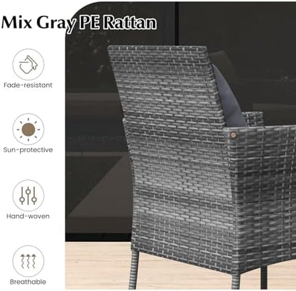 Tangkula 3-Piece Patio Furniture Set, PE Wicker Conversation Bistro Set w/A Tempered Glass Table & 2 Cushioned Chairs, Outdoor Table & Chairs Set for Patio Porch Yard Garden (Mix Gray+Off White)