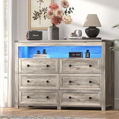 Dresser for Bedroom with 6 Drawers, LED Lights, Power Outlet, Grey