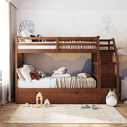 Harper & Bright Designs Twin-Over-Twin Bunk Bed with Trundle and 3-Storage Staircase,Solid Wood 3 in 1 Stairway Bunk Bed with Trundle,Walnut
