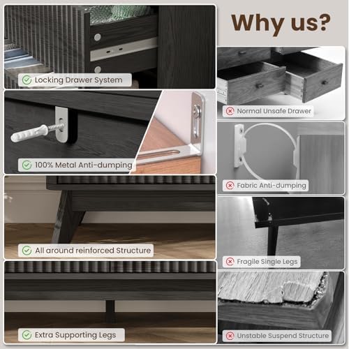 47" Wide Fluted 6 Drawers Dresser for Bedroom,with Curved Edge,Balck