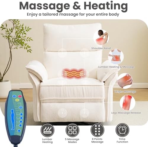 Oversized Rocking Chair Nursery with Massage and Heat, Glider Recliner Nursery Chair with Adjustable Headrest, Power Swivel Rocker Recliner Chair with USB Port, White