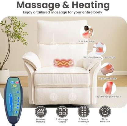 Oversized Rocking Chair Nursery with Massage and Heat, Glider Recliner Nursery Chair with Adjustable Headrest, Power Swivel Rocker Recliner Chair with USB Port, White