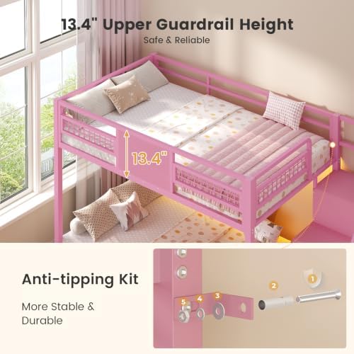 Bunk Bed Twin Over Twin with Stairs, Storage Drawers and LED Lights