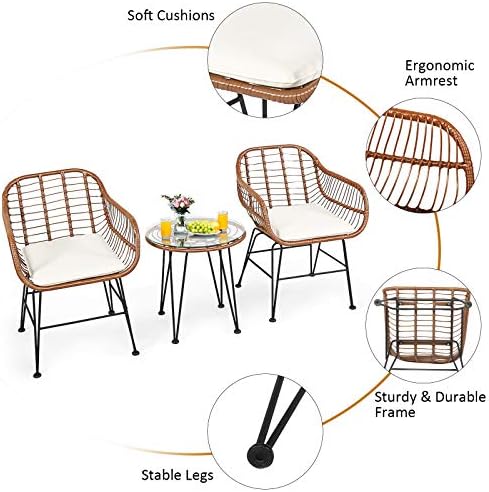 Tangkula 3 Pieces Patio Conversation Bistro Set, Outdoor Wicker Furniture w/Round Tempered Glass Top Table & 2 Rattan Armchairs, Bistro Chat Set w/Seat Cushions for Porch, Backyard, Garden