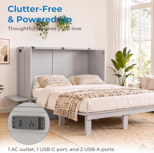 Mjkone Queen Murphy Bed with Desk and Mattress, Light Grey