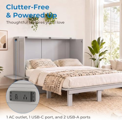 Mjkone Queen Murphy Bed with Desk and Mattress, Light Grey