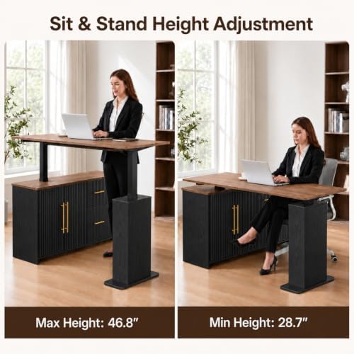 NORTHSKY 55" L-Shaped Electric Standing Desk with Drawers and Storage Cabinet, Height Adjustable Corner Desk for Home Office, 3 Memory Presets (Dark Walnut & Black, Right Cabinet)