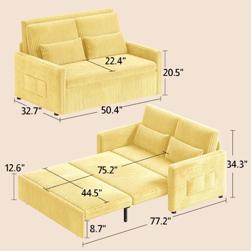 Ahomly Pull Out Convertible Sofa Bed, 3-in-1 Sleeper Loveseat, Yellow