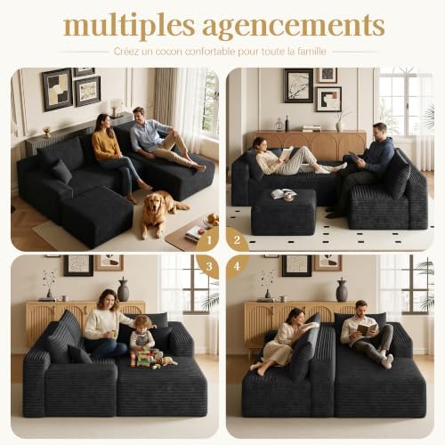 96" Sectional Couches for Living Room Cloud Couch Sofa with L-Shape Upholstered Boneless Couchs Modern Modular Sectional Couch with Chaise (Black, 96.1" U Shape with Right Facing Chaise)