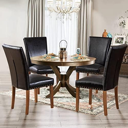 Parsons Dining Chairs Set of 4, Upholstered Nailhead PU Leather Dining Room Kitchen Side Chair with Thick Cushions and Wood Legs, Black