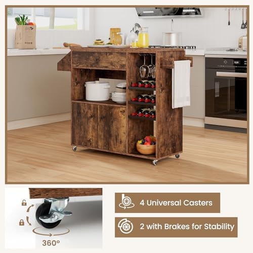 GIANTEX Rolling Kitchen Island Cart with Drop Leaf, Power Outlet, Spice Rack, 12 Wine Rack, Glass Holder, Drawer, Storage Cabinet, Towel Rack, Island Table for Breakfast Coffee Bar (Rustic Brown)