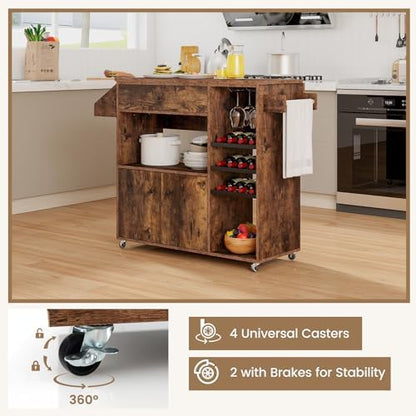 GIANTEX Rolling Kitchen Island Cart with Drop Leaf, Power Outlet, Spice Rack, 12 Wine Rack, Glass Holder, Drawer, Storage Cabinet, Towel Rack, Island Table for Breakfast Coffee Bar (Rustic Brown)
