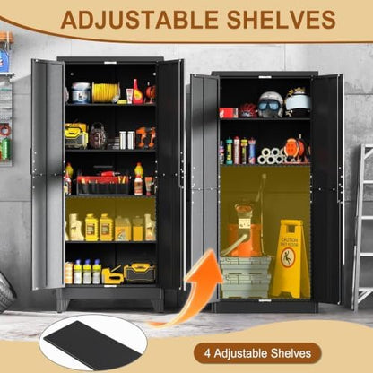 71" Metal Storage Locker Cabinet with Lock and 4 Adjustable Shelves,Steel Lockable Garage Tool Cabinet, File Cabinet,Kitchen Pantry Cabinet for Home,Office,Garage,School,Warehouse Black