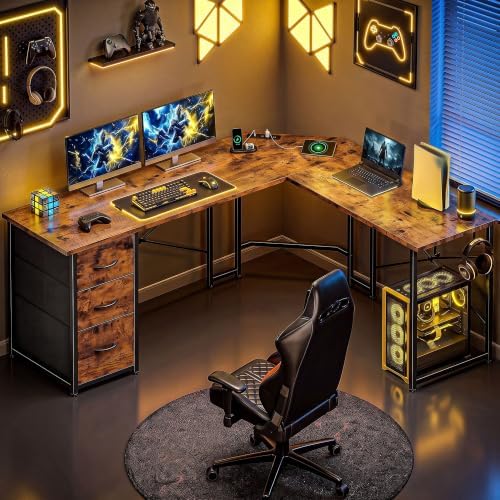 DurayLoly 62“ L Shaped Gaming Desk with Power Strip,3 Drawers&Side Hooks