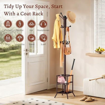 FAVOOSTY Coat Rack Freestanding,Coat Rack Stand with Umbrella Holder,Metal Coat Tree with 12 Hooks,Tree Clothes Hat for Entryway, Hallway, Bedroom, Living Room & Office, Brown