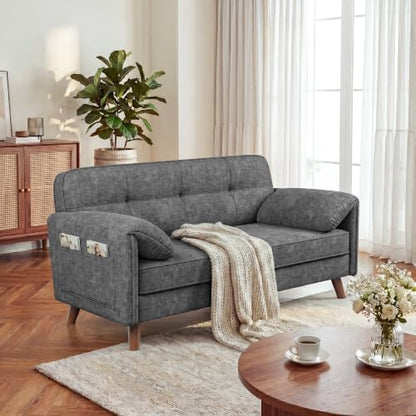 65" Loveseat Sofa, Chenille Loveseat Couch for Living Room with Storage Pockets, 25" Deep Seat Love Seat with Padded Arms, Modern Small Couches for Bedroom, Small Spaces, Home Office, Apartments, Grey
