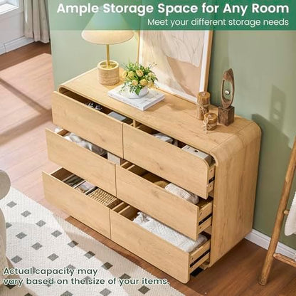 Natural 47’’ Wide Dresser for Bedroom, Double Dresser with 6 Drawers, Storage Drawer of handleless, Chest of Drawers for Living Room