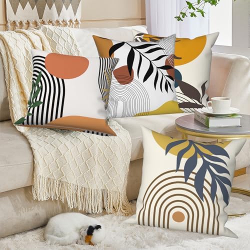 4 Pcs/Set Abstract Line Throw Pillow Covers Boho Sun Moon Arch Botanical Leaves Geometric Lines Plants Linen Throw Cushion Cases for Couch Sofa Bedroom Decorative, 22"x22"