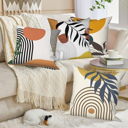 4 Pcs/Set Abstract Line Throw Pillow Covers Boho Sun Moon Arch Botanical Leaves Geometric Lines Plants Linen Throw Cushion Cases for Couch Sofa Bedroom Decorative, 22"x22"