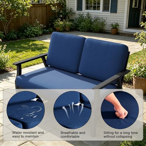 Pia Ricoo Outdoor Premium Teak Wood Loveseat with Armrests, All‑Weather Outdoor Furniture for Backyard, Deck, Lawn, Navy/Dark